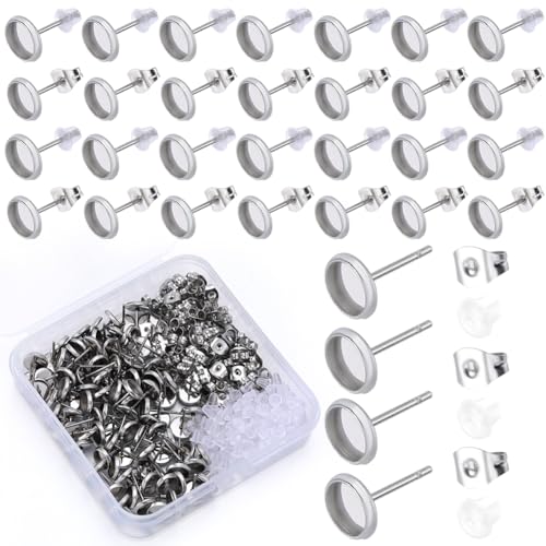 SOFPLATE 1 Box 100 Stück 6 mm Lünette Pfosten Ohrringe Findings Ohrstecker Cabochon Rohlinge Edelstahl Hypoallergen Silber Ohrstecker mit Ohrmutter Flache Runde Ohrstecker für Schmuckherstellung von SOFPLATE