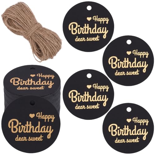 SOFPLATE 1 Box 100 Stück schwarze Happy Birthday-Etiketten, 4,5 cm groß, flach, rund, elegantes Papier zum Aufhängen mit Loch, Jute-Schnur, Geschenkanhänger für Geschenke, Geburtstag, Party SOFPLATE 1 Box 100 Stück schwarze Happy Birthday-Etiketten, 4,5 cm groß, flach, rund, elegantes Papier zum Aufhängen mit Loch, Jute-Schnur, Geschenkanhänger für Geschenke, Geburtstag, Party von SOFPLATE