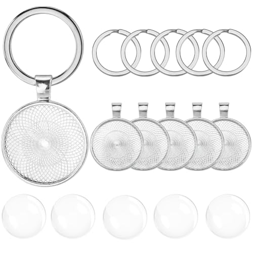 SOFPLATE 1 Box 20 Sets Schlüsselanhänger Bastelset Cabochon Charm Lünettenrohlinge Silberfarbene Metalllegierung Glas Runde Einfache Eisen Schlüsselringe Tablett Set Charms Zur Schmuckherstellung Char von SOFPLATE