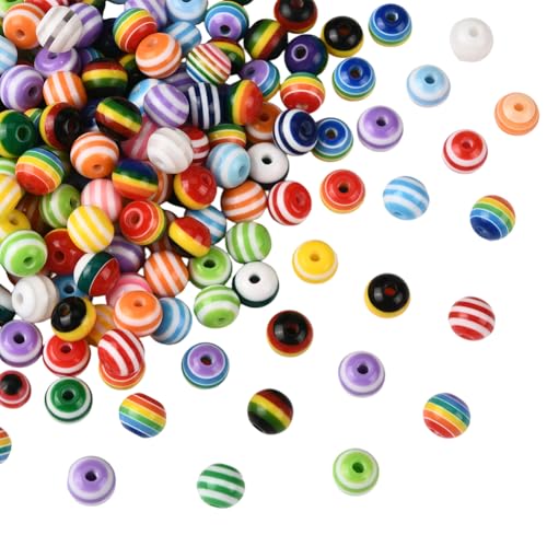 SOFPLATE 1 Box 200 Stück Streifenperlen Runde Regenbogenperlen Lose Masse 8mm Kunststoffharz Kaugummi Gumball Niedlich Undurchsichtig Abstandshalter Schmuckherstellung von SOFPLATE