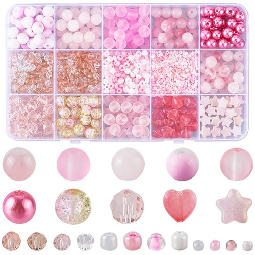SOFPLATE 1 Box 22 Stile Rosa Glasperlen Großpackung Verschiedene Kristallperlen Valentinstag Hochzeit Stern Transparente Mattierte Rocailles Perlen Für Die Schmuckherstellung Halsketten Armbänder Ohrr von SOFPLATE
