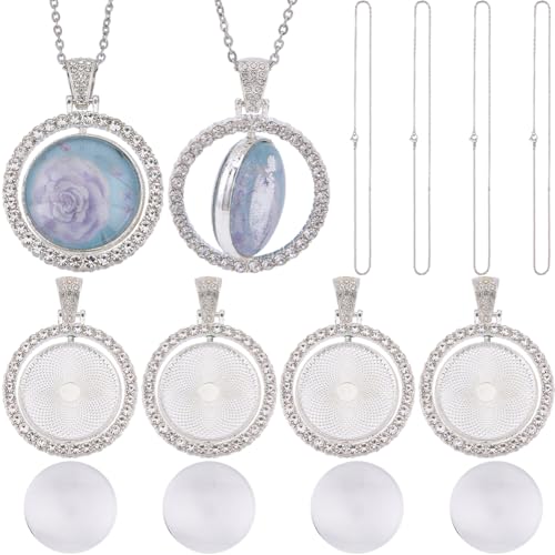 SOFPLATE 1 Box 24 Stück 25mm Runde Lünetten Anhängerschalen Strass Lünetten Anhängerschalen Set Glas Cabochon Lünette Blanke Doppelseitige Drehbare Schale Mit Ketten Für Schmuckherstellungszubehör DI von SOFPLATE