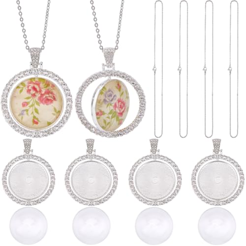 SOFPLATE 1 Box 24 Stück 30mm Runde Strass Tabletts Anhänger Set Runde Lünetten Anhänger Tabletts Glas Cabochon Rohlinge Doppelseitiges Drehbares Tablett Mit Silbernen Ketten Für Schmuckherstellungszu von SOFPLATE