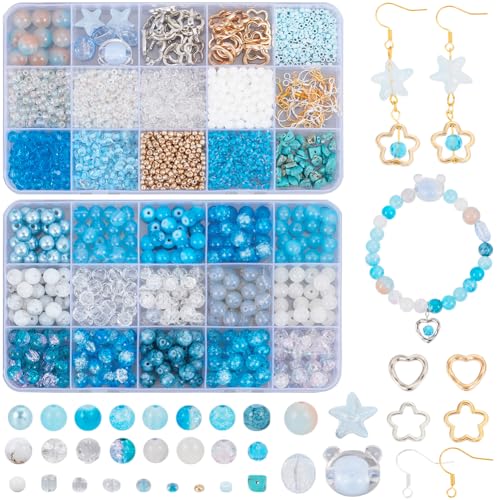 SOFPLATE 1 Box 2483 Stück Blaues Glasperlen Set 8mm Glasperlen Set Runde Kristall Rocailles Perlen Mit Hohlen Blumenanhängern Schleife Ohrhaken Für Die Schmuckherstellung Zubehör Zum Selbermachen von von SOFPLATE