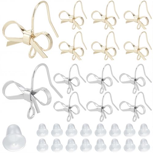 SOFPLATE 1 Box 28 Stück 2 Farben Schleife Ohrringe Findings Messing Gold Ohrringhaken Bulk Bowtie Form mit Schlaufe und Kunststoffmuttern baumeln Schleife Ohrringe Drähte für Schmuckherstellung von SOFPLATE