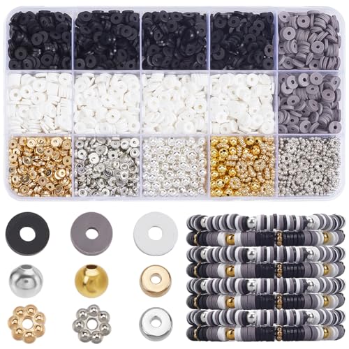 SOFPLATE 1 Box 2800 Stück Set Mit Schwarzen Und Weißen Tonperlen 6mm Sets Zum Basteln von Freundschaftsarmbändern Flache Runde Heishi Scheiben Goldene Und Silberne Blumen Abstandshalterperlen Für Die von SOFPLATE