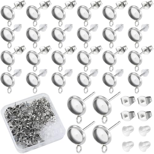 SOFPLATE 1 Box 300 Stück 6mm Ohrstecker Lünettenfassung Ohrringrohlinge Ohrstecker Und Rückseite Aus Edelstahl Mit Ohrmuttern Aus Kunststoff Cabochon Ohrringbeschläge Für Schmuckherstellungssets Harz von SOFPLATE