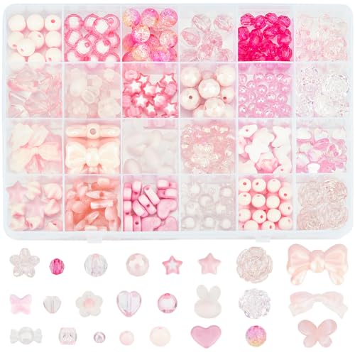 SOFPLATE 1 Box 356 Stück Acryl rosa sortierte Perlen ästhetische Kristallperlen Schleife Süßigkeiten Schmetterling Herz Blume Sterne niedliche runde Perlen Kits für Armband Halskette von SOFPLATE