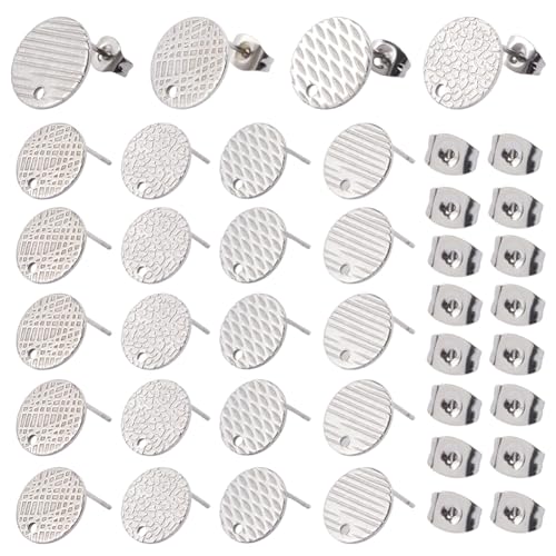 SOFPLATE 1 Box 40 Stück 4 Stile flache runde Ohrringpfosten Silber Ohrstecker mit Schlaufe hypoallergen mit Ohrrücken, Edelstahl strukturiert, blanko Ohrstecker für Schmuckherstellung, Zubehör DIY von SOFPLATE