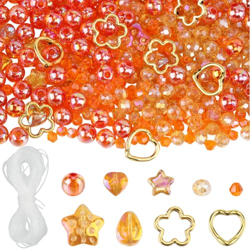 SOFPLATE 1 Box 484 Stück 9 Stile Verschiedene Glasperlen Orangefarbene Sternperle Großpackung Mit Herbst Erntedankfest Transparente Runde Hohle Rondell Bart Doppelkegel Kristallperlen Zur Schmuckherst von SOFPLATE