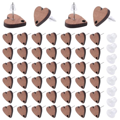 SOFPLATE 1 Box 50 Stück Holz-Ohrring-Ohrstecker aus Holz mit Schlaufe in Herzform mit Ohrmuttern, braunes, flaches Polster, blanko, Ohrstecker, für Schmuckherstellung, Zubehör, Ohrringe, DIY Handwerk von SOFPLATE