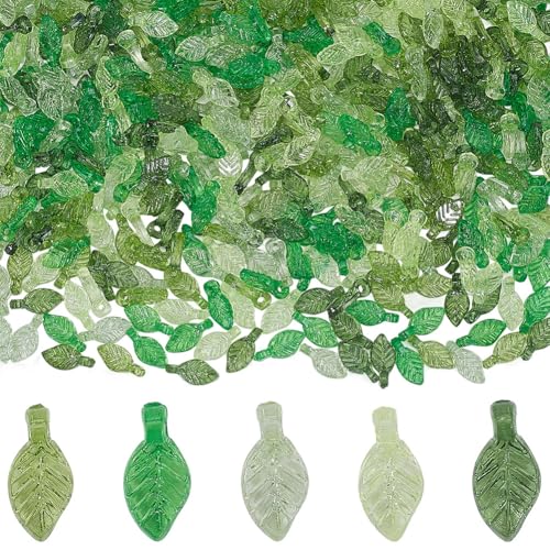 SOFPLATE 1 Box 500 Stück 5 Farben Transparente Blattanhänger Grüne Baumelanhänger Acryl Bunte Blätter Pflanzen Kleine Hängende Anhänger Zubehör Für Die Schmuckherstellung Halsketten Armbänder DIY Bast von SOFPLATE