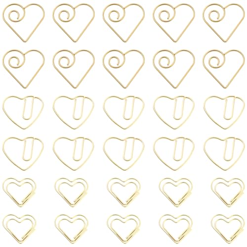 SOFPLATE 1 Box 60 Stück 3 Stile herzförmige Büroklammern Gold Mini Binder Clips Dekorative Büroklammern Papierklemmen Metall Journal Lesezeichen für Dokumente, Dateiorganisation, Hochzeitsdekoration von SOFPLATE