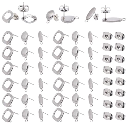 SOFPLATE 1 Box 60 Stück ovale Ohrringpfosten in 3 Stilen, silberfarbene Ohrstecker mit Schlaufe, hypoallergener Edelstahl mit Ohrrücken, quadratische eiförmige Ohrringpfosten für Schmuckherstellung von SOFPLATE