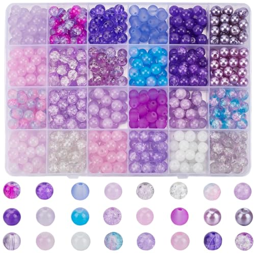 SOFPLATE 1 Box 600 Stück 24 Farben Violette Glasperlen 8mm Runde Kristallperlen Großpackung Kleine Violette Acrylperlen Geburtstagsperlen Mattierte Lose Crackle Perlen Zur Schmuckherstellung Armbände von SOFPLATE