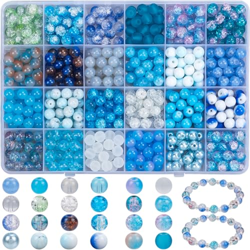 SOFPLATE 1 Box 600 Stück 24 Stile 8mm Glasperlen Armband Bastelset Runde Kristallperlen Blau Gemischte Farben Acrylperlen Kreis Crackle Perlen Für Armbänder Schmuckherstellung Perlenstickerei DIY Bas von SOFPLATE