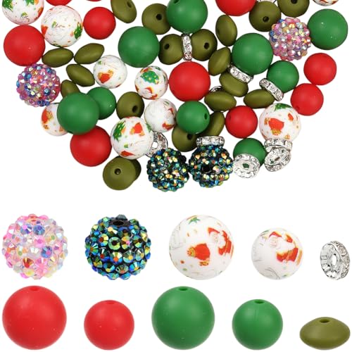 SOFPLATE 1 Box 64 Stück Weihnachts-Silikonperlen, sortiert, rot, grün, Silikonperlen, 15 mm, 12 mm, Harzkugeln, Strass-Abstandshalter für Schmuckherstellung, DIY-Armbänder, Basteln, Perlenstifte von SOFPLATE