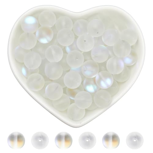 SOFPLATE 1 Box 80 Stück Glas Mondsteinperlen 10mm Mattierte Perlen Matt Klar Transparent Runde Kugel Aurora Kristall Frost Abstandshalter Lose Perle Zur Schmuckherstellung Armbänder Halsketten Ohrrin von SOFPLATE