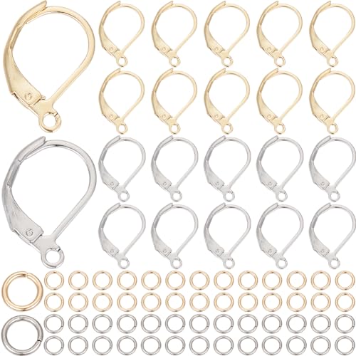 SOFPLATE 1 Box 80 Stück goldene Klappbügel-Ohrringhaken aus Edelstahl mit 100 Stück Biegeringe französische echte 24 Karat vergoldete Huggie-Ohrringhaken für Schmuckherstellung Zubehör DIY von SOFPLATE