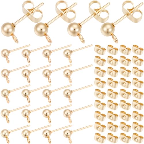 SOFPLATE 1 Box Mit 100 Kugel OhrsteckernOhrstecker Beschläge Aus EdelstahlHypoallergenGold Mit Schmetterlings Ohrverschluss Und SchlaufeKleine Runde Ohrstecker Zur SchmuckherstellungZubehör Für Heimwe von SOFPLATE