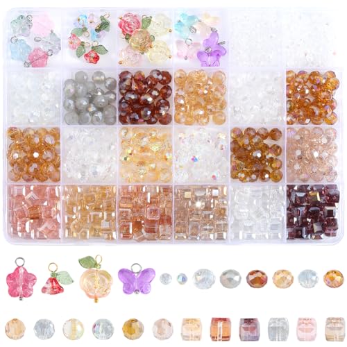 SOFPLATE 1 Box Mit 670 verschiedenen Doppelkegel Perlen Armband Glasperlen Set Bunte Kristall Rondell Würfel Rosen Trompeten Blumen Schmetterlings Charm Perlen Set Zur Schmuckherstellung Halsketten U von SOFPLATE