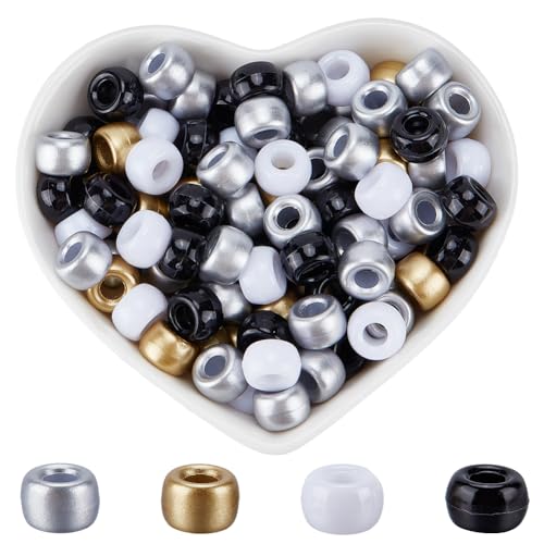 SOFPLATE 1 Box Mit 800 Stück 4 Stile Schwarze Und Weiße Pony Perlen Neutrale Pony Perlen In Großpackung 9mm Gold/Silber Coole Kandi Halloween Party Undurchsichtige Kunststoffperlen Zur Schmuckherstel von SOFPLATE