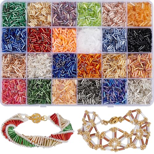 SOFPLATE 1 Box ca. 290 g + 7200 Stück + 24 Stile, Stiftperlen, 7 mm Röhrenperlen, bunte Glasperlen, kleine gemischte lange Spalten-Set, Abstandshalter für Schmuckherstellung, DIY, Basteln, Armbänder von SOFPLATE