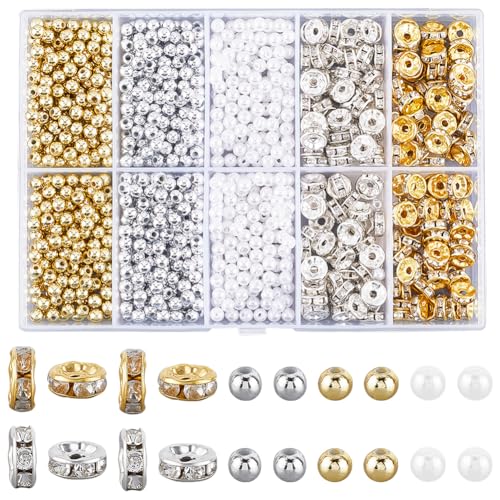 SOFPLATE 1 Box mit 1100 Stück Strass-Rondelle-Abstandshalter, ABS-Kunststoffperlen, Kunstperlen, glatt, Gold, Silber, rund, lose Abstandshalter für Armbänder, Perlen, Halsketten, Schmuckherstellung von SOFPLATE