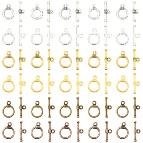 SOFPLATE 1 Box mit 120 Sets 6 Farben Schmuck-Knebelverschlüssen Schmuckverschlüsse T-Stange bunte Legierung tibetischer Stil OT Metall runde Kreisringe Verbinder für Schmuckherstellung, Halsketten von SOFPLATE