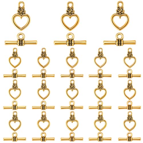 SOFPLATE 1 Box mit 120 Sets antiker Knebelverschluss, goldfarbenes Herz, Knebelverschluss, Bulk-Metalllegierung, OT-Ende, tibetischer Ringverbinder, T-Verschluss, Verschluss für Schmuckherstellung von SOFPLATE