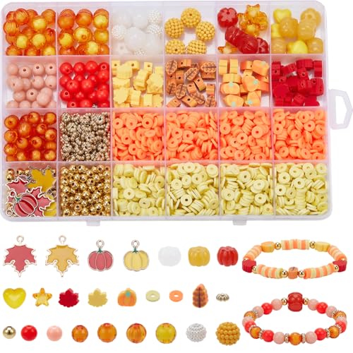 SOFPLATE 1 Box mit 1800 Stück + Herbst-Armbandherstellungs-Set, Thanksgiving-Perlen, gelb, orange, herbstfarbene Polymer-Ton-Perlen, Blatt, Kürbis, Ahorn, Anhänger, Stern, rund, Heishi-Abstandshalter von SOFPLATE