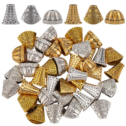 SOFPLATE 1 Box mit 48 kegelförmigen Perlenkappen, Silberperlen-Endkappen, Legierung, strukturiert, tibetischer Stil, Blumenstopper, kleine Perlenkappen für Schmuckherstellung, Halsketten, Armbänder SOFPLATE 1 Box mit 48 kegelförmigen Perlenkappen, Silberperlen-Endkappen, Legierung, strukturiert, tibetischer Stil, Blumenstopper, kleine Perlenkappen für Schmuckherstellung, Halsketten, Armbänder von SOFPLATE