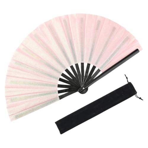 SOFPLATE 1 Stück Rosa Glitzernder Faltbarer Handfächer Großer Clack Handfächer Für Rave Mit Samtbeutel Glitzernder Bambus Handventilator Für EDM Festivalpartys Pride Tanz Drag Queen Strand Sommer 13.5 von SOFPLATE