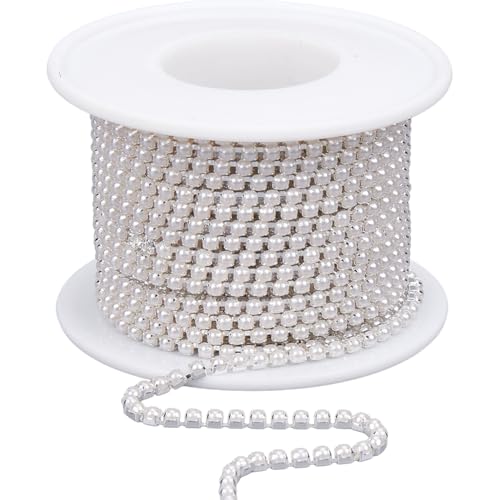 SOFPLATE 10 Yard/9.14 m 2.5mm Perlenkettenbesatz Flache Perlenkette Silberfarben Runde Kunststoffperlen Applikation Messing Krallenbecher Perlenbesatz Zubehör Für DIY Kleidung Nähen Schmuck Hochzeitsd von SOFPLATE