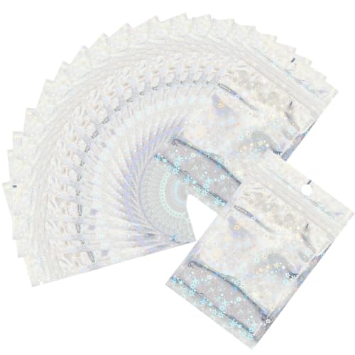 SOFPLATE 100 Stück 11,9 x 7,6 cm kleine holografische Druckverschlussbeutel, wiederverschließbar, geruchsdichter Beutel mit transparentem Fenster, OPP-Zellophan-Stern-Verpackungsbeutel für kleine von SOFPLATE