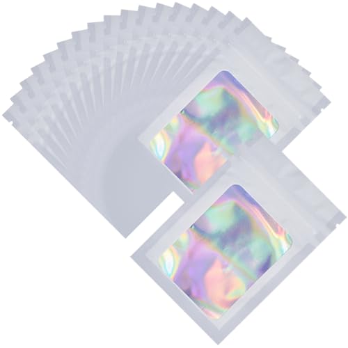 SOFPLATE 100 Stück 3 x 4 kleine Geschenkbeutel mit Druckverschluss, holografische Beutel, wiederverschließbar, geruchsdicht, mit transparentem Fenster, Kunststoff-Druckverschlussbeutel für kleine von SOFPLATE