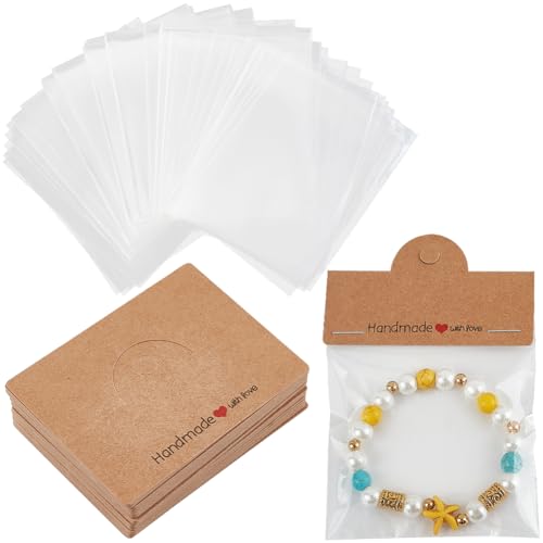 SOFPLATE 100 Stück Ohrring Display Karten Halsketten Display Karten mit Taschen braunees Papier Faltbare Kopfkartenhalter Kleines Bastelverpackungsset Zum Aufhängen Präsentieren von Armbändern von SOFPLATE