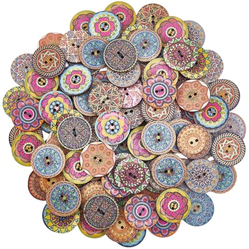 SOFPLATE 100 Stück Vintage Holzknöpfe Verschiedene Holzknöpfe Mit 2 Löchern 25mm Flach Rund Bedruckt Gemischt Natürlich Nähornament Zubehör Für DIY Kleidung Malerei Häkeln Scrapbooking Basteln Dekora von SOFPLATE