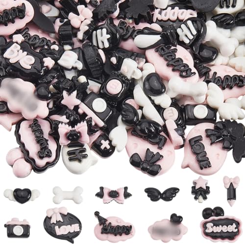 SOFPLATE 100 Stück Wort-Harz-Charms, flache Rückseite, Cabochons, blickdicht, schwarz-weiß, Knochenstift, Herz, Flügel, Schleife, süße Handyhülle, Scrapbooking, Verzierungen für Bastelarbeiten SOFPLATE 100 Stück Wort-Harz-Charms, flache Rückseite, Cabochons, blickdicht, schwarz-weiß, Knochenstift, Herz, Flügel, Schleife, süße Handyhülle, Scrapbooking, Verzierungen für Bastelarbeiten von SOFPLATE