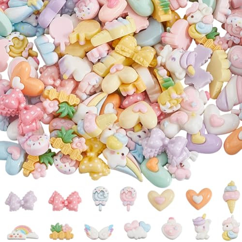 SOFPLATE 120 Stück 6 Stile Schleife Harz Charms Flache Rückseite Harz Cabochons Blickdicht Regenbogenfarbe Gemischte Form Schleife Flügel Herzen Lutscher Charms für DIY Handwerk Herstellung Dekoration von SOFPLATE