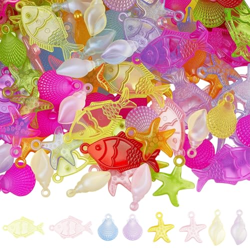 SOFPLATE 120 Stück Acryl Anhänger In 4 Stilen Mit Ozean Motiven Sommer Seestern Anhänger Transparent Bunt Meerestier Fisch Muschel Glitzer Anhänger Für Schmuck Armbänder Halsketten DIY Basteln von SOFPLATE
