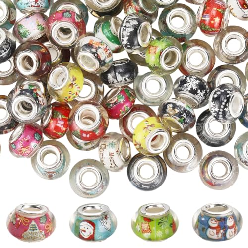 SOFPLATE 120 Stück Europäische Weihnachtsperlen Großes Loch Lampwork Perlen 14mm Harz Silber Messing Kerne Schneemann Weihnachtsbaum Design Lose Abstandshalter Charms Für Armbänder Halsketten Stifte von SOFPLATE