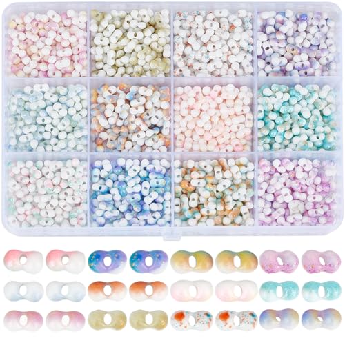 SOFPLATE 1560 Stück 12 Farben Kleines Rocailles Perlen Set Glasperlen 6 x 3mm Mini Bunt Erdnussform Rundes Loch Backfarbe Bohnenbastel Abstandshalter Perlen Set Für Die Schmuckherstellung Halsketten von SOFPLATE