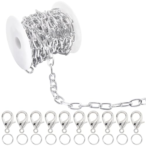 SOFPLATE 16 Fuß/5 m Kabelkette Schmuck Silberkette Schmuckherstellung Aluminium Ungeschweißt 11 × 19.5mm Ovales Glied Mit Biegering Und Karabinerverschluss Kettenverbinder Kits Für Die Schmuckherstel von SOFPLATE