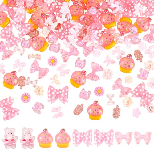 SOFPLATE 180 Stück Schleifen-Anhänger mit flacher Rückseite, Kunstharz, Bastelverzierungen, rosa, bunt, blickdicht, transparent, ästhetisch, Kokette, 3D, Kaninchen, Cupcakes, Decodieren, Cabochons für von SOFPLATE