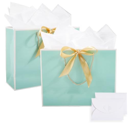 SOFPLATE 2 Stück 12.6 x 4.3 x 9.8 Zoll Grüne Und Weiße Geschenktüten Papiertüten Mit Bandgriffen Seidenpapier Aquamarin Schleife Umschlagverpackung Aufbewahrungsgeschenkpapier Für Geburtstags Hochzeit von SOFPLATE