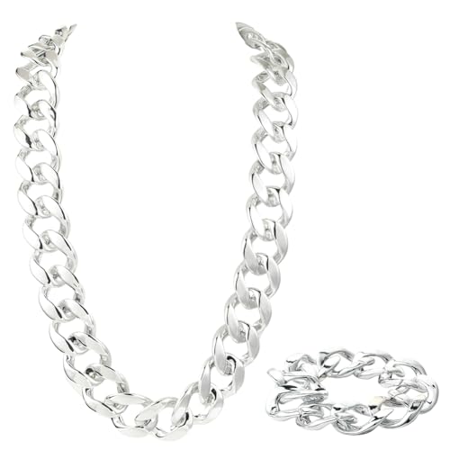 SOFPLATE 2 Stück 35.43 Zoll/90cm Kubanische Gliederkette Kostümkette Silber Klobige Kette Halskette Acryl Groß Dick 80s 90s Rapper Punk Stil Armband Set Zubehör Für Kleidung Kostüme Bar Party DIY Deko von SOFPLATE