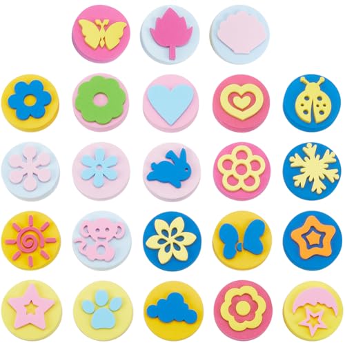 SOFPLATE 24 Stück 24 Stile Eva Malschwämme Farbstempel Set 4cm Doppelseitig Verschiedene Formen Tiere Blumenn Herzen Schneeflocken Schaumstoff Kunst Zeichenwerkzeug Schwammstempel Zum Lernen DIY Bast von SOFPLATE