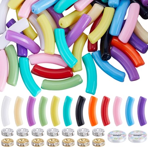 SOFPLATE 240 Stück Gebogene Bambusperlen Röhrenperlen Set Mit 2 Rollen Elastischem Faden Blickdichte Bunte Acrylnudeln Messing Strasssteine Lose Abstandsperlen Für Die Schmuckherstellung Armbänder Hal von SOFPLATE