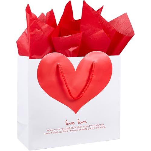SOFPLATE 4.76 x 12.01 x 11.22 Zoll Geschenktüte Mit Seidenpapier Rote Papiertüten Zum Valentinstag Mit Griffen Weiße Große Liebeshandtaschen Mit Romantischem Herzmotiv Zum Verpacken von Geschenken Hoc von SOFPLATE
